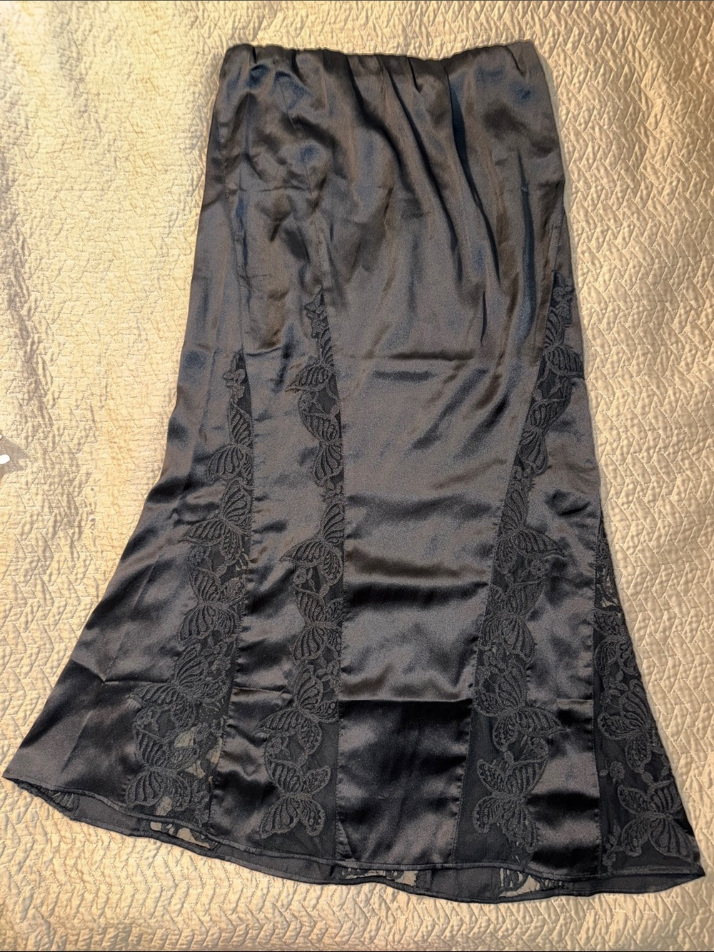 Free People Black Satin Midi Skirt with Lace Insets